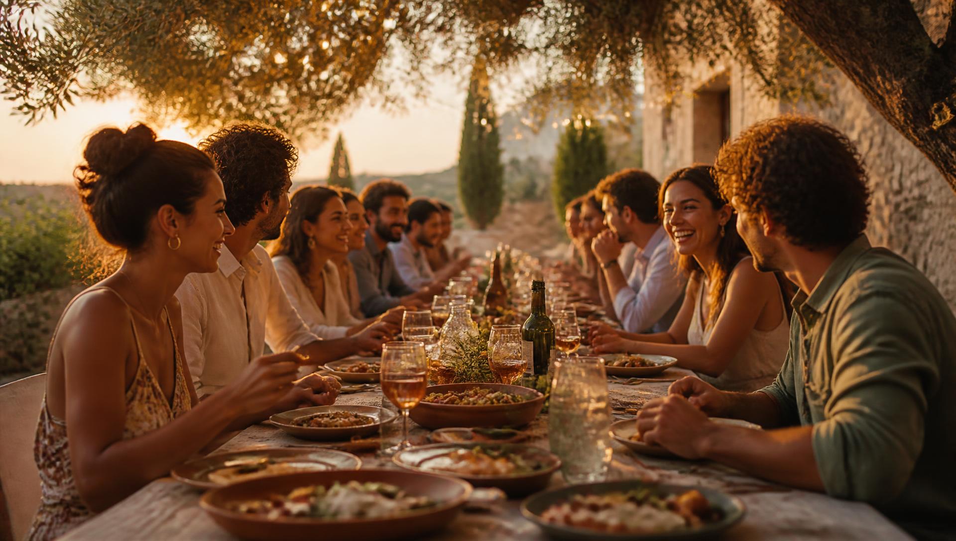 Community Dinner an einer langen Tafel