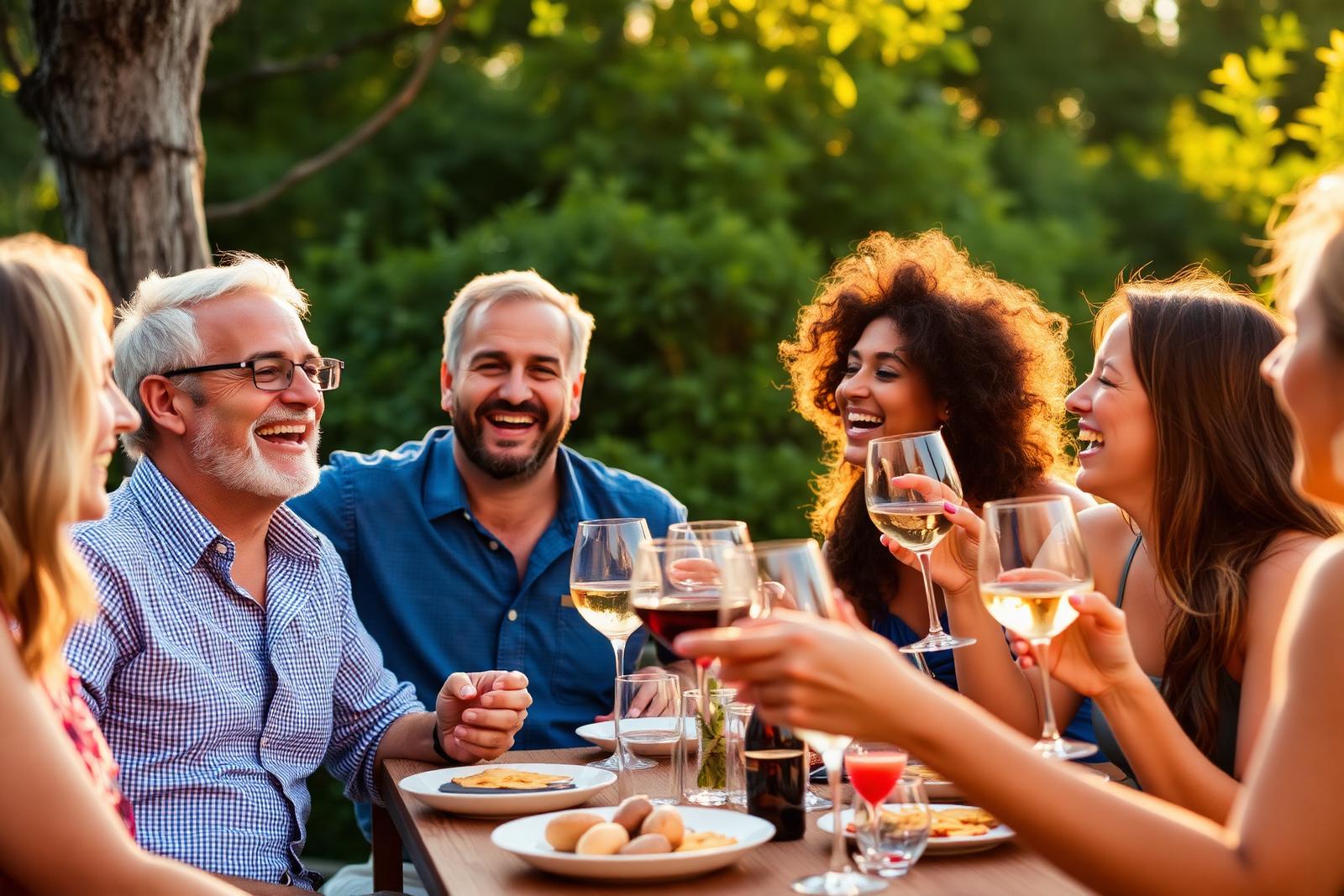 Freunde lachen gemeinsam an einem sommerlichen Abendessen